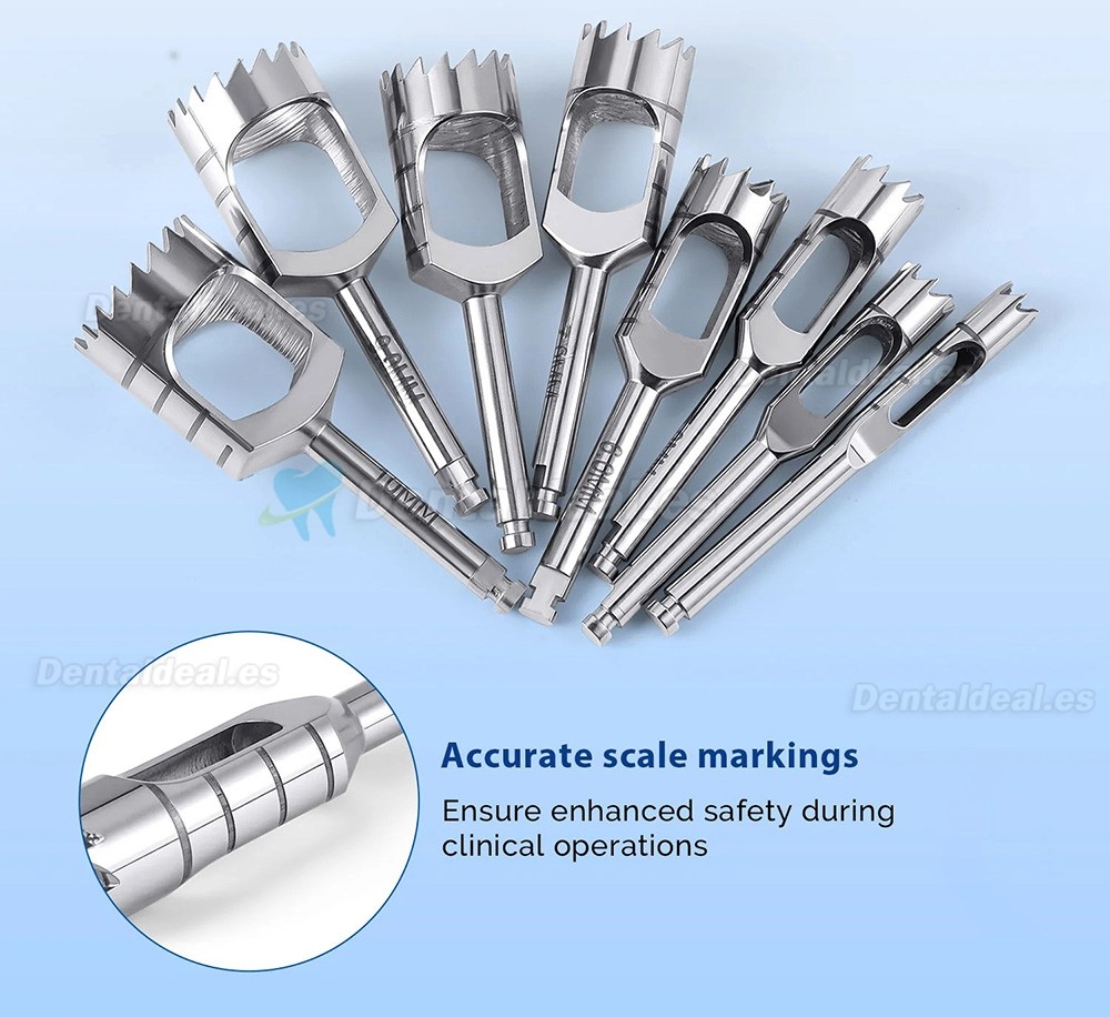 Kit 8 Piezas Fresas Trepanadoras &Oacute;seas Cortas para Implantes Dentales